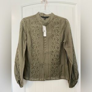 WHITE HOUSE BLACK MARKET Olive Green Eyelet Silk / Cotton Voile Blouse
